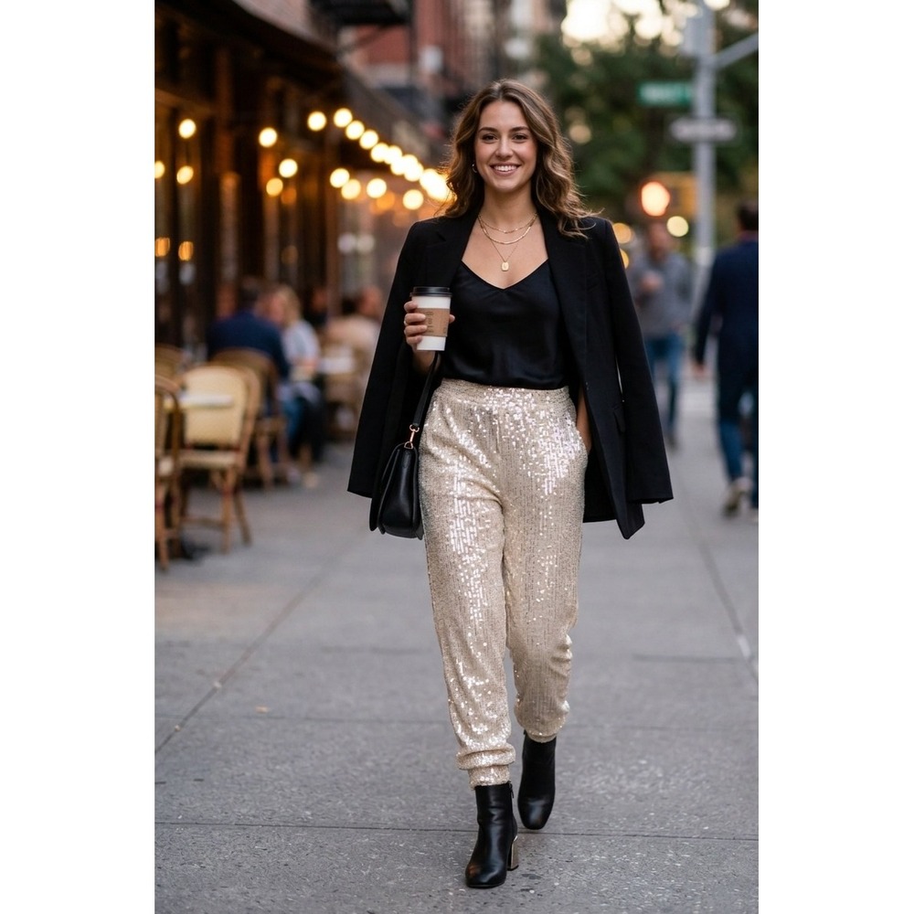 Cable & Gauge Champagne Gold Sequin Joggers Pants Womens Small Sparkly Party